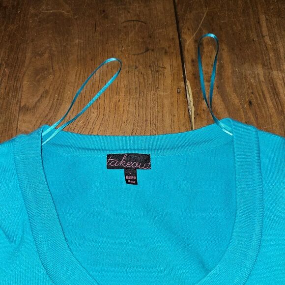 Takeout Teal Blue Cropped Button-Up Short Sleeve Shrug Cardigan Size Large - Picture 3 of 8